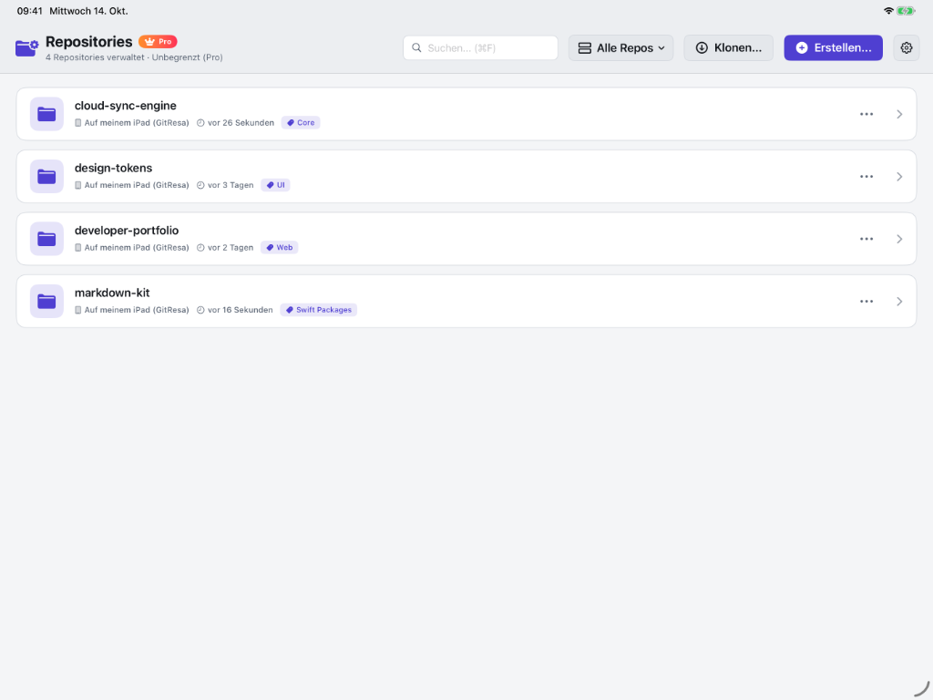 GitResa iPad Screenshot: Repository Management